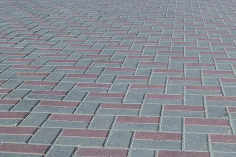 The square or on a sidewalk lined with brown and grey tiles, paving stones. Stock Photos