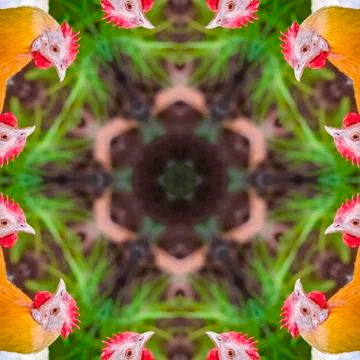 Square Orange chicken head reflected eigh twelve times Foto stock