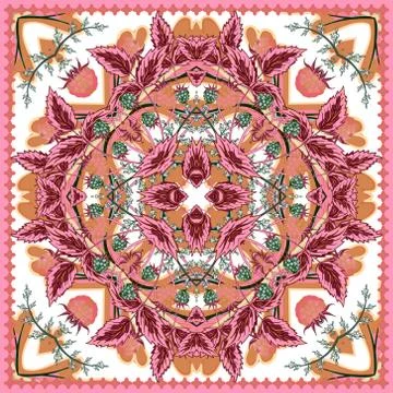Square ornamental pattern with strawberry and leaves. Scarf background. Vector Illustrazione stock