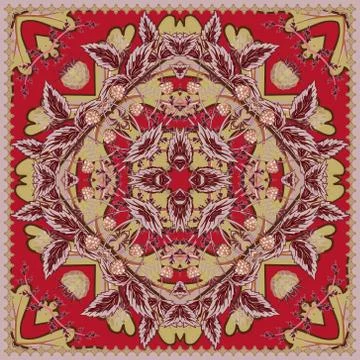 Square ornamental pattern with strawberry and leaves. Scarf background. Vector 스톡 일러스트