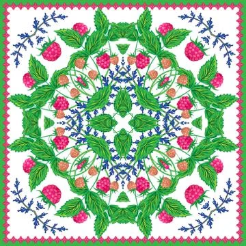Square ornamental pattern with strawberry and leaves. Scarf background. Vector Stock Illustration
