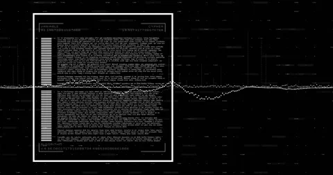 Square outline appearing code text fading waveform bulging bars rising for Stock Footage 318238372