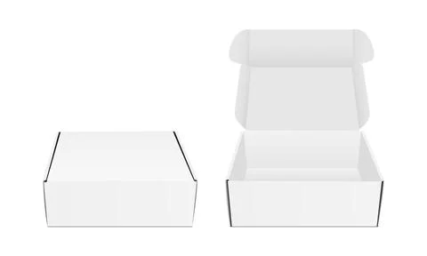 Square Packaging Boxes with Opened and Closed Lid, Front View Stock Illustration