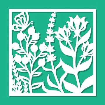 Square panel with flowers and a butterfly.  Ilustración de archivo