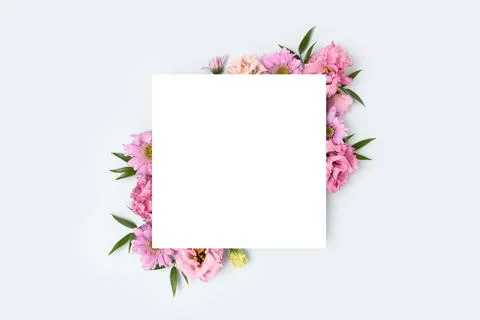 Square paper card with border frame made of eustoma flower Stock Photos