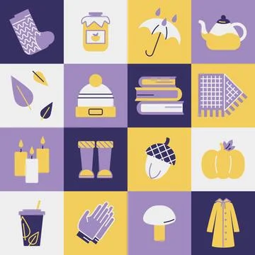 Square pattern autumn icons. Woolen socks, hats, scarf. Scottish print. Jam Stock Illustration