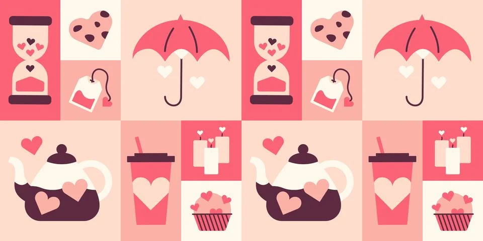 Square Pattern of items for Valentine Day. Festive love print. Hourglass Stock Illustration