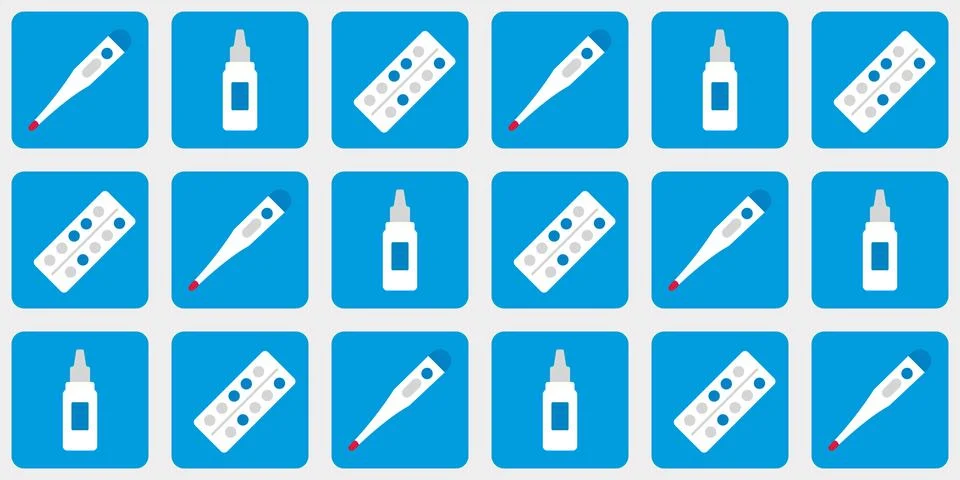 Square Pattern of medicines - packaging of pills, thermometer, nasal drops Stock Illustration
