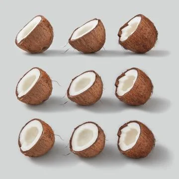 Square pattern from natural tropical coconut's halves on a light grey background Stock Photos