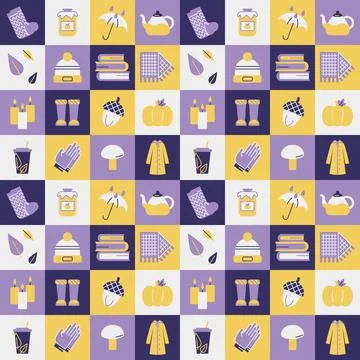 Square pattern set of autumn items. Warm clothes, activities, hobbies, food and Stock Illustration