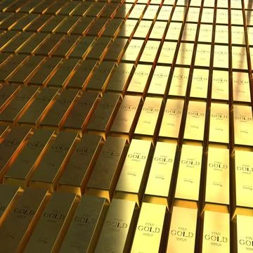 Square Pattern of Shiny Gold Bullion - 3d illustration Stock Illustration