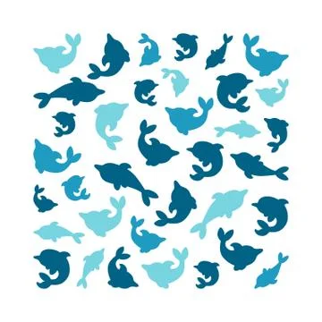 Square pattern with silhouettes of dolphins. Set of isolated dolphins. Vector Stock Illustration