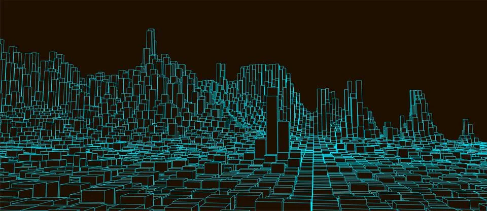 Square pattern. Wireframe landscape background. Futuristic vector illustratio Illustrazione stock