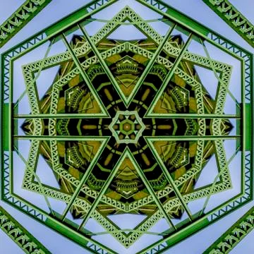 Square Patterned cirlcular photo created from the shapes of a green bridge in 写真素材