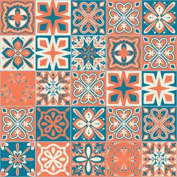 Square patterns orange blue color, trendy patchwork ceramic tile design vecto Illustrazione stock