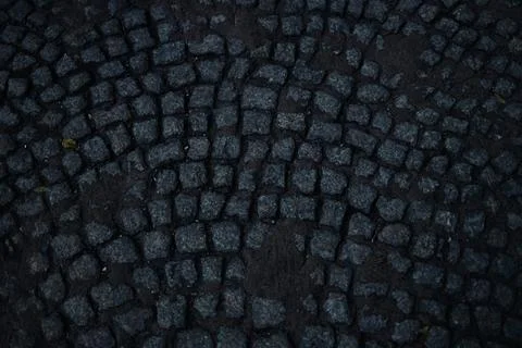 Square pavement paved with gray cobblestones rectangles texture. Cobble stone 库存照片