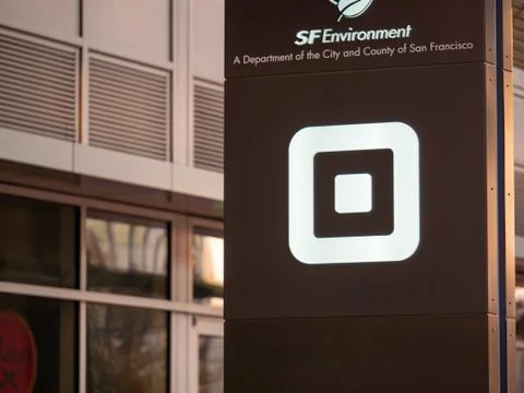 Square payment processing sign outside of San Francisco headquarters office Stock Photos