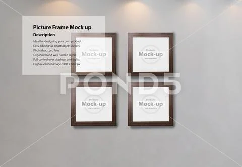 Square picture frames mock-up template on wall PSD Template