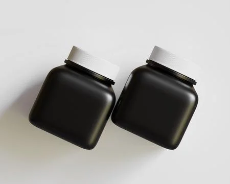 Square pill or supplement bottle black color and white cap (2) Stock Illustration