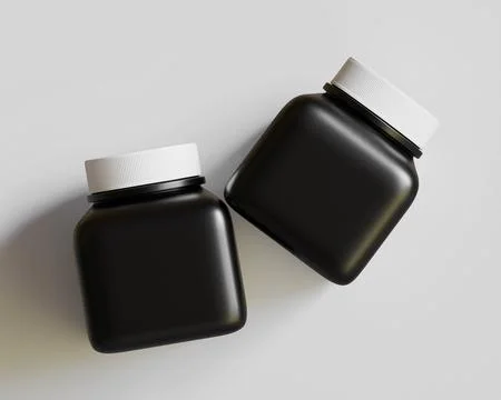 Square pill or supplement bottle black color and white cap (4) Stock Illustration