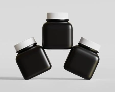 Square pill or supplement bottle black color and white cap (14) Illustrazione stock