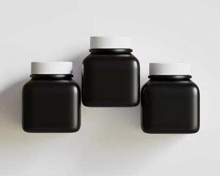 Square pill or supplement bottle black color and white cap (19) Illustrazione stock