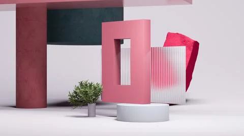 Square pink arc with square hole and white round podium display near abstract Stock Illustration