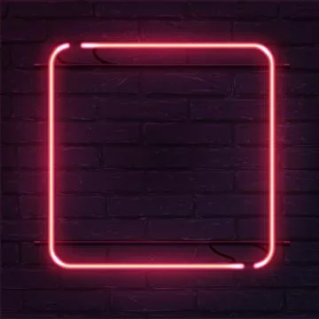 Square pink neon sign. Vector realistic neon rectangle on brick wall. Stock Illustration