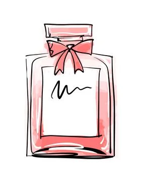 Square pink perfume bottle with a small bow. Vector hand drawing illustrati.. Illustration