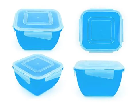 Square plastic lunch box top and side view isolated on white background Stock Photos