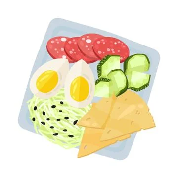 Square plate with boiled egg and slices of cheese. Vector illustration. Stock Illustration