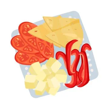 Square plate with sliced vegetables and cheese. Vector illustration. Stock Illustration
