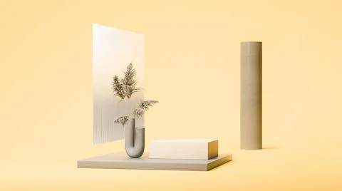 Square podium display, brown column and dry plants on the yellow background Illustrazione stock