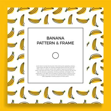 A square postcard with seamless banana patterns. Vector frame banner with yel Stock Illustration