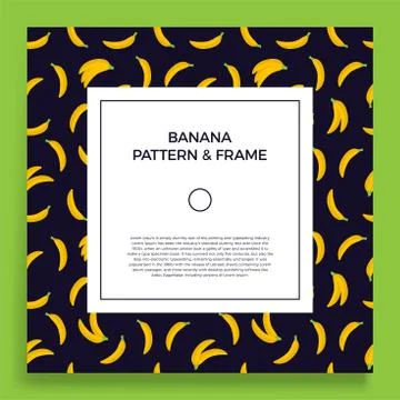 A square postcard with seamless banana patterns. Vector frame banner with yel Stock Illustration