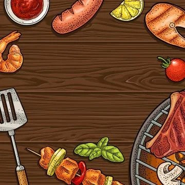 Square poster with bbq. Color vector vintage engraving illustration Stock Illustration
