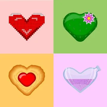 Square poster of four hearts - pixel, cactus, cookie and flask Stock Illustration