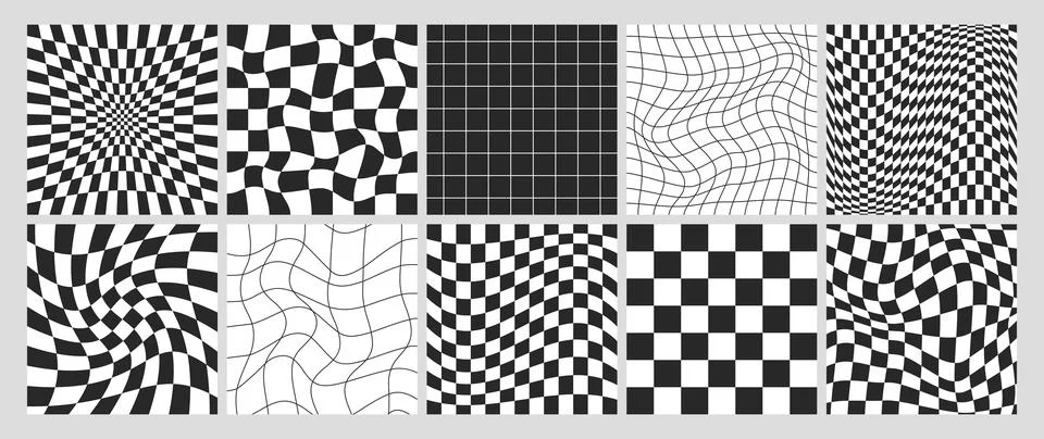 Square psychedelic checkerboards set with checkered seamless pattern with Illustrazione stock