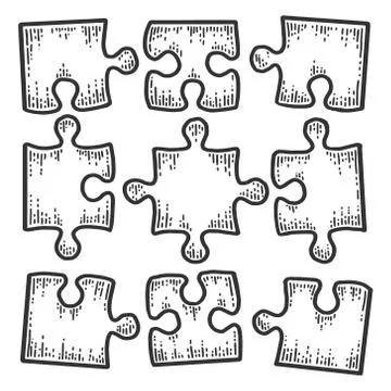 Square puzzle icon. Not assembled nine pieces. Sketch scratch board imitation. Stock Illustration