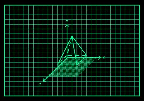 Square pyramid geometry spatial projection grid neon green background black Stock Illustration