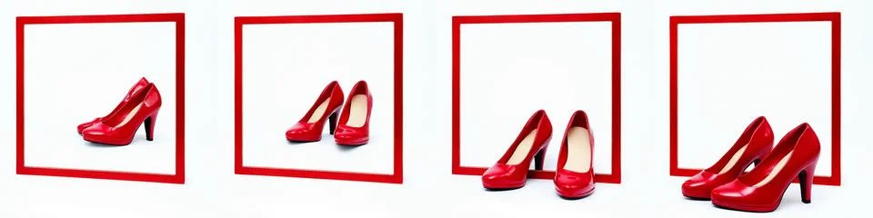 Square red frame in front of a white background Collage red high heels standing Foto stock