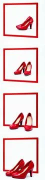 Square red frame in front of a white background Collage red high heels standing Foto stock