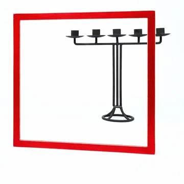 Square red frame set against a white background A candlestick stands partly in Foto stock
