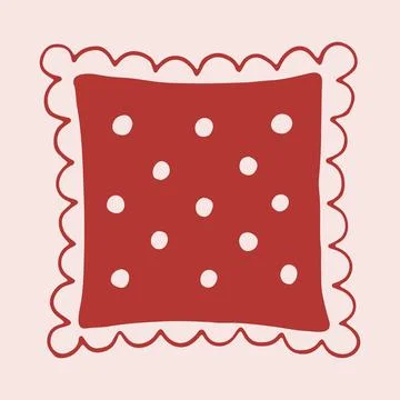 Square red pillow with polka dot pattern and scalloped edges. Hand drawn vector Stock Illustration