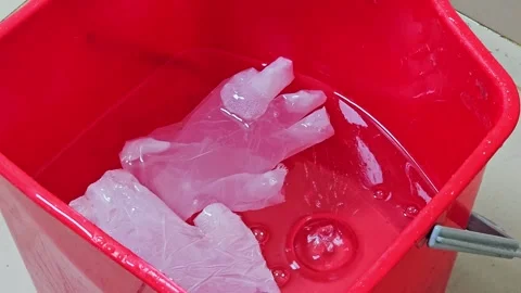 A square, red plastic bucket filled with water, containing two clear Stock Footage 322010459
