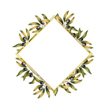 Square rhombus template for text with olive branches and leaves. Frame or border Stock Illustration