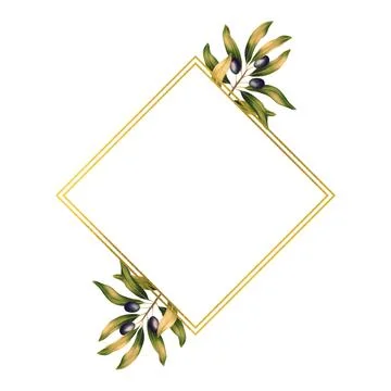 Square rhombus template for text with olive branches and leaves. Frame or border Stock Illustration
