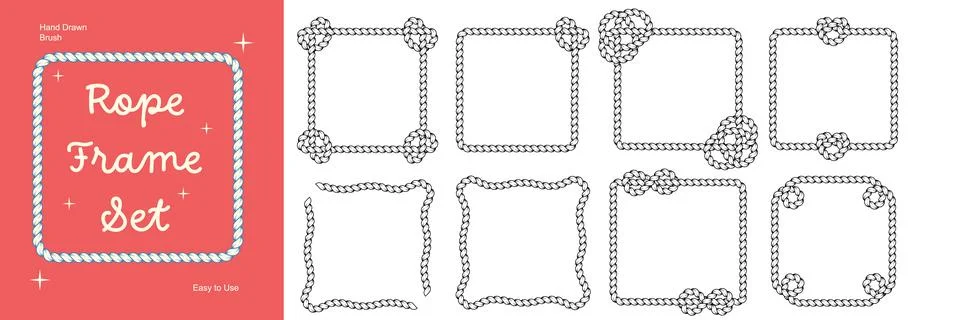 Square rope brush border frames. Twisted cord borders with decorative knots. Stock Illustration