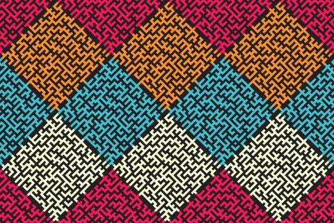 Square seamless pattern of colored labyrinth, flat Stock-Illustration