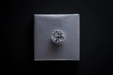 Square shape gift wrapped in silver paper Stock Photos